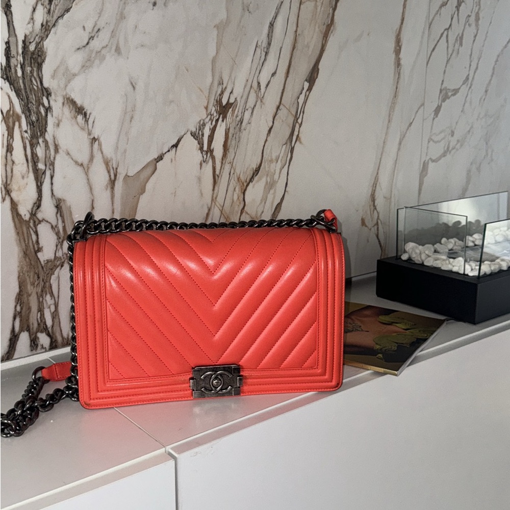 CHANEL Orange Crossbody Bag Chevron Quilting
